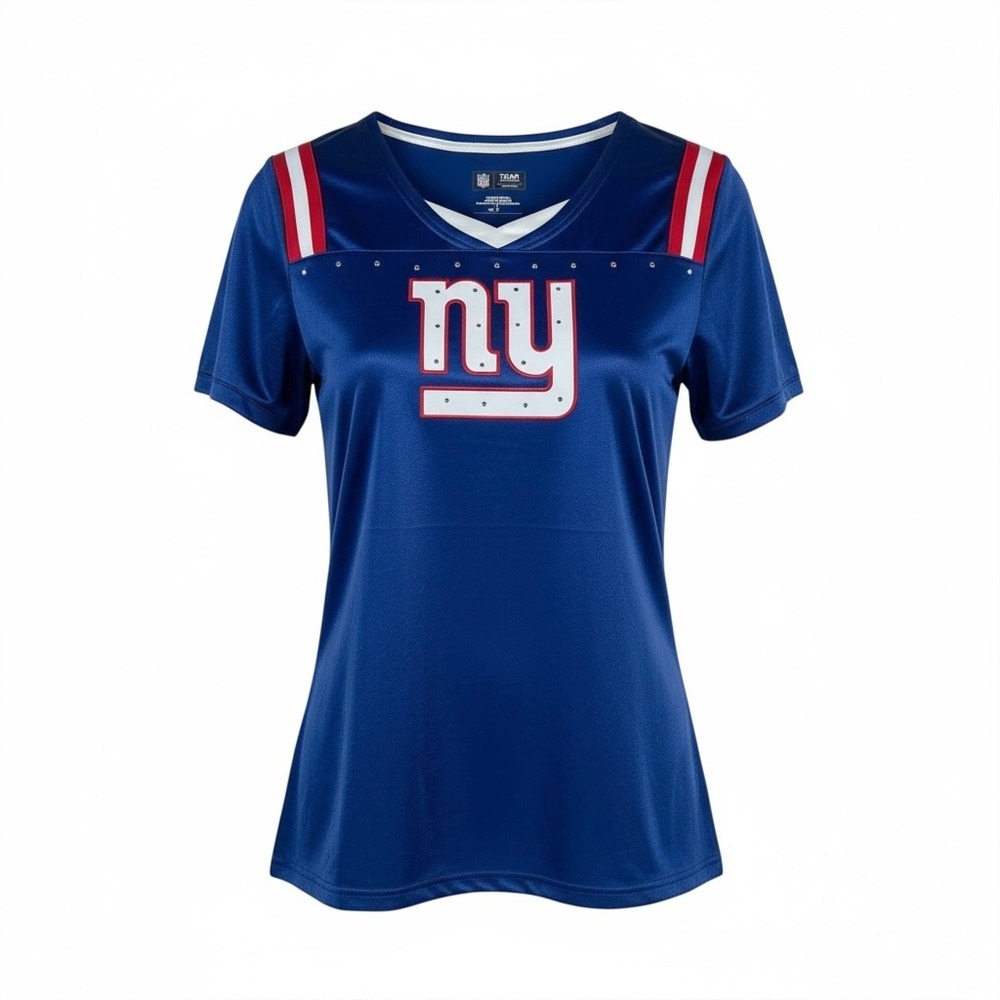 Womens NY‎ Giants NFL Rhinestone V Neck Football Jersey Blue L Team Shirt SS